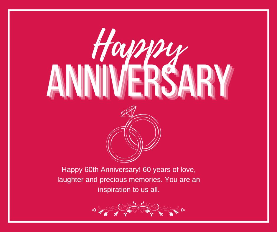 A vibrant red anniversary card with the text "Wedding Anniversary Wishes for Parents" in bold at the top. It features a stylized number 60, resembling intertwined rings, and a message wishing