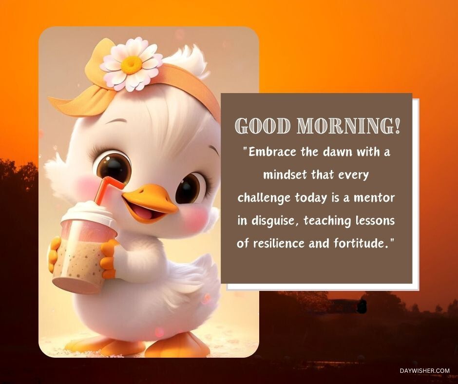 A cute cartoon chick holding a coffee cup, with a flower on its head, on a background of an orange sunrise, next to text: "Good morning! Embrace the dawn with a mindset that