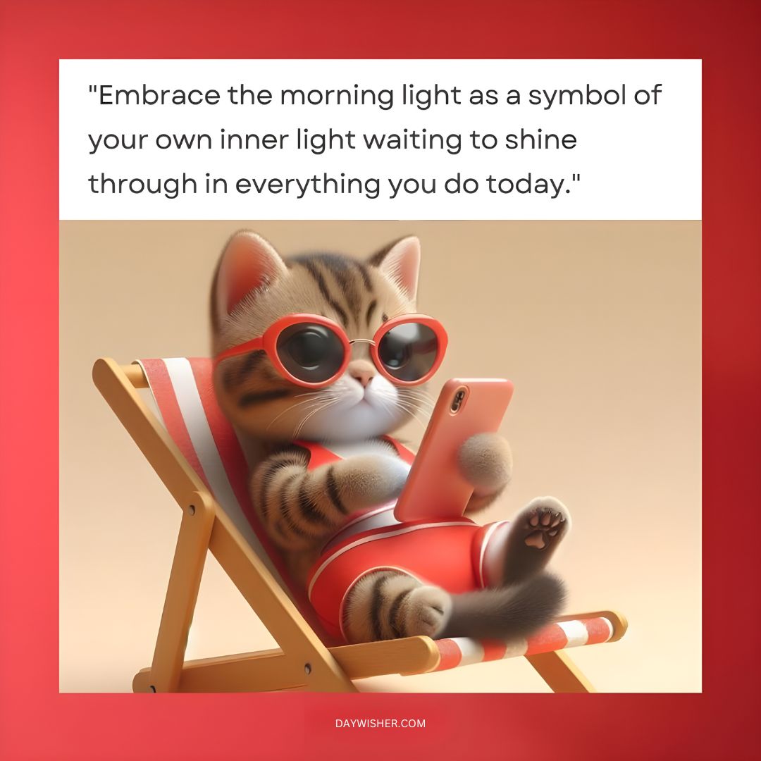 A cute animated cat wearing sunglasses reclines on a red and white striped beach chair, reading a smartphone. A "Good Morning" quote about embracing the morning light is displayed above.
