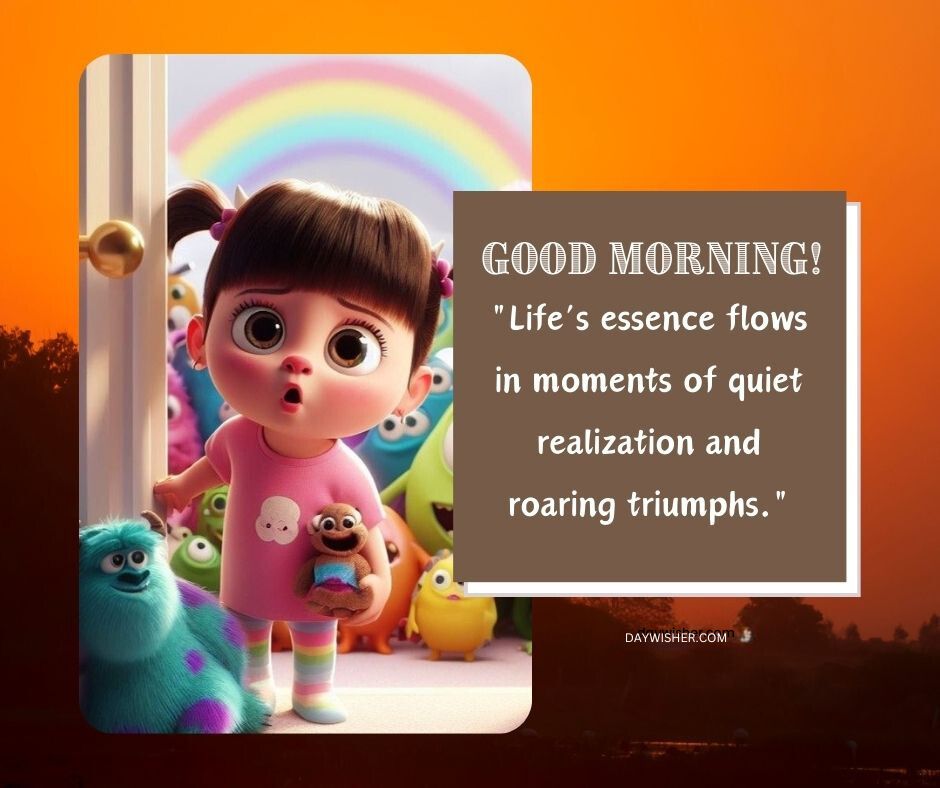 Image of a cartoon girl with large eyes and several cute monsters, against a sunrise background with a rainbow. The text reads "Good Morning! Life's essence flows in moments of quiet realization and roaring triumph