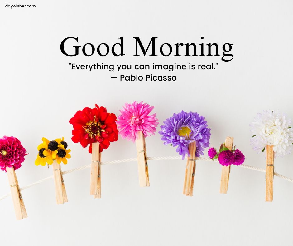 A series of colorful flowers, including red, yellow, purple, and white, pinned to a string with clothespins against a white background. Above is the text "Good Morning" enhanced with positive words