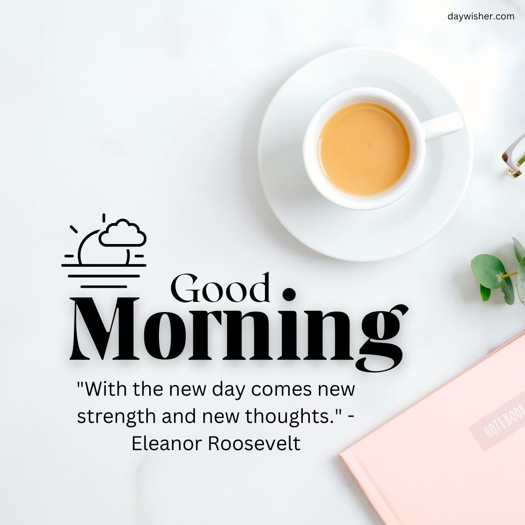 A minimalist Good Morning image featuring a cup of coffee, a pink notebook, and a quote by Eleanor Roosevelt that says, "With the new day comes new strength and new thoughts," on a white background