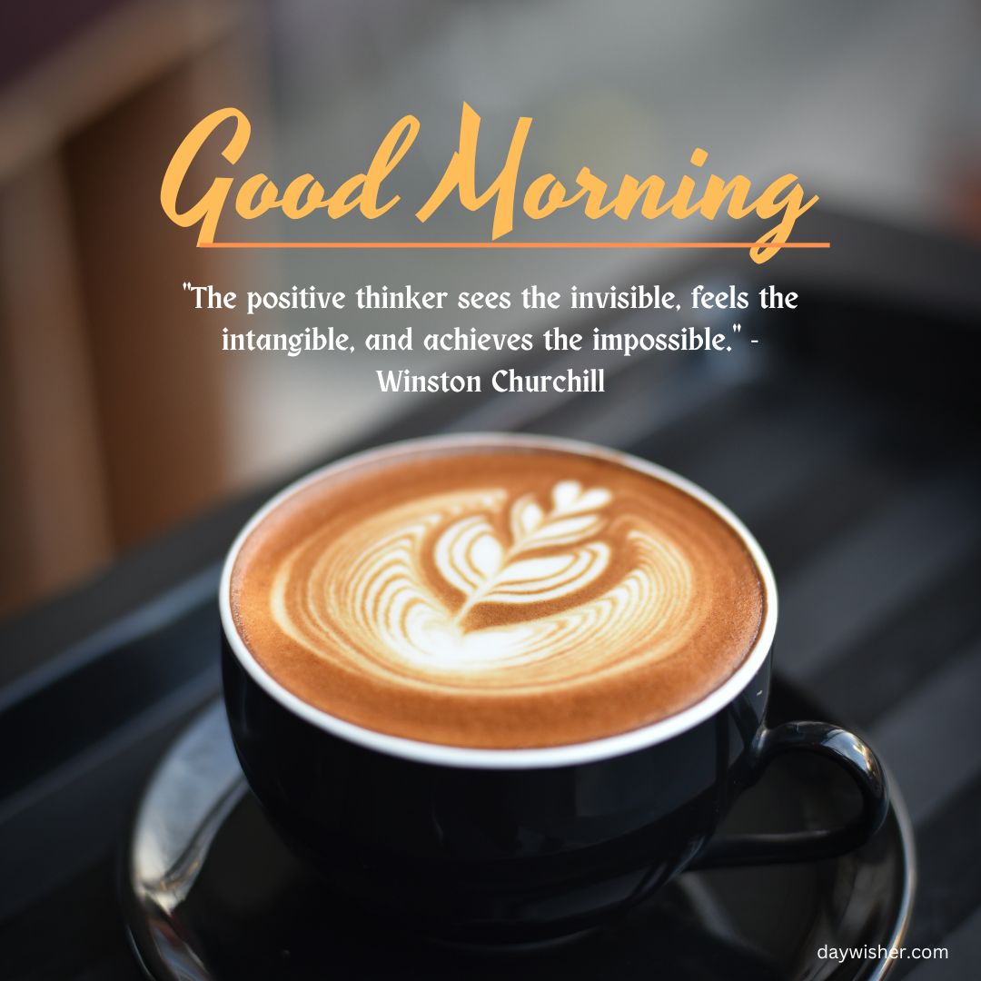A cup of latte with intricate art on a wooden surface, alongside the text "Good Morning" and positive words about achieving the impossible quoted by Winston Churchill.