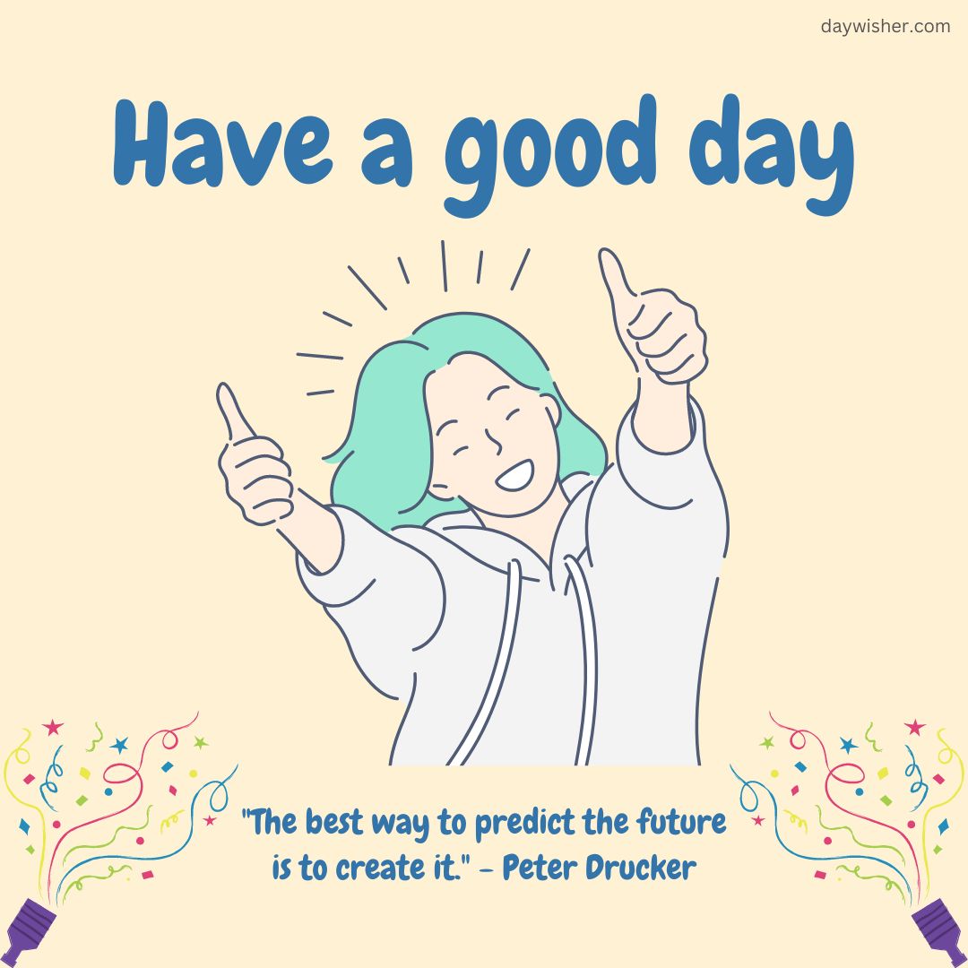 Illustration of a cheerful person with teal hair giving two thumbs up on a yellow background, encircled by a sun motif. The image includes the texts "Good Morning" and positive words alongside a