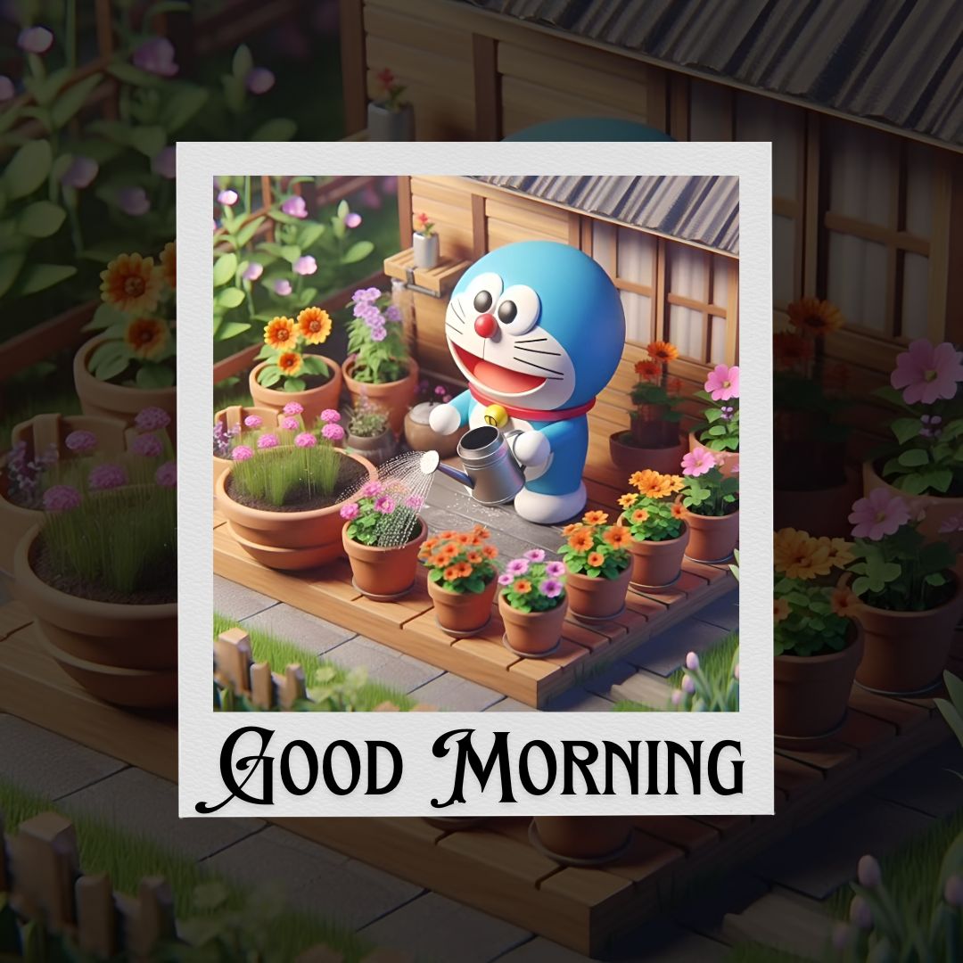 Illustration of Doraemon sitting on a wooden porch surrounded by colorful potted flowers, with the greeting "good morning" in elegant script.