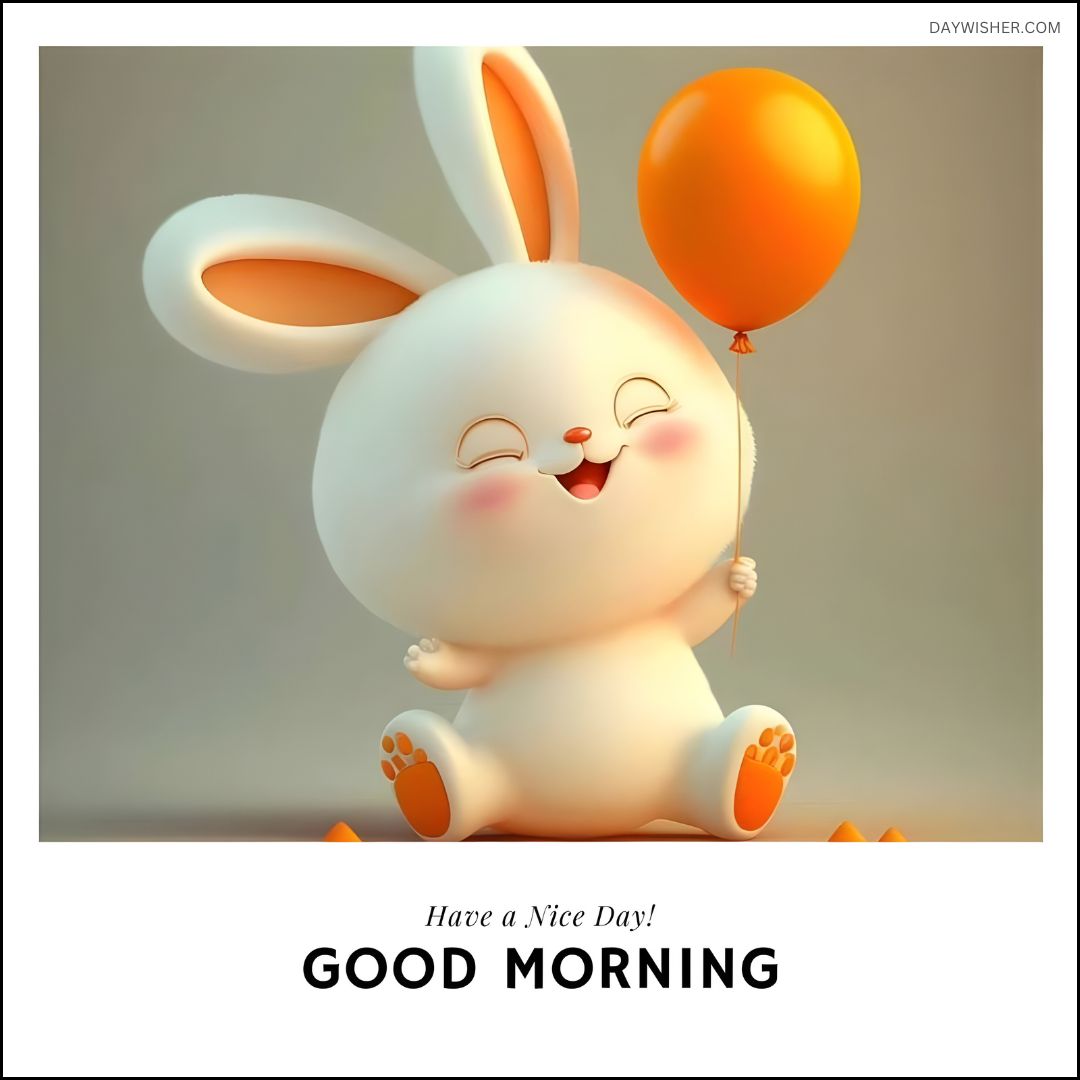 A cheerful cartoon rabbit holding orange balloons with a big smile, eyes closed in delight, captioned "Energize You! Good morning!" against a soft gray background.