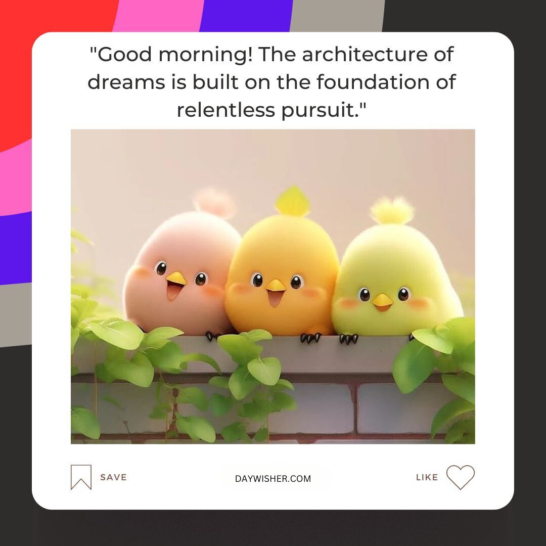 Three cute, cartoon-style chick figures in yellow, perched on a ledge surrounded by green leaves, with a "Good Morning" quote about dreams on a colorful background.