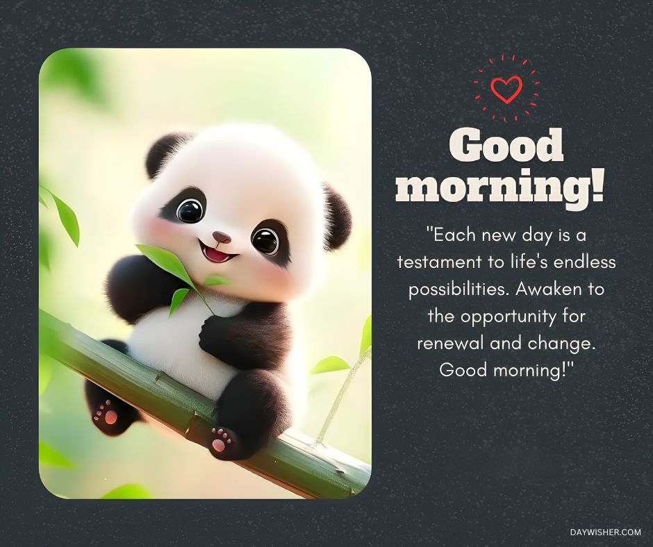 An adorable cartoon panda sits on a green leaf, clutching it with tiny paws. Above it, the message "Good morning!" is displayed with a motivational quote about renewal and change.