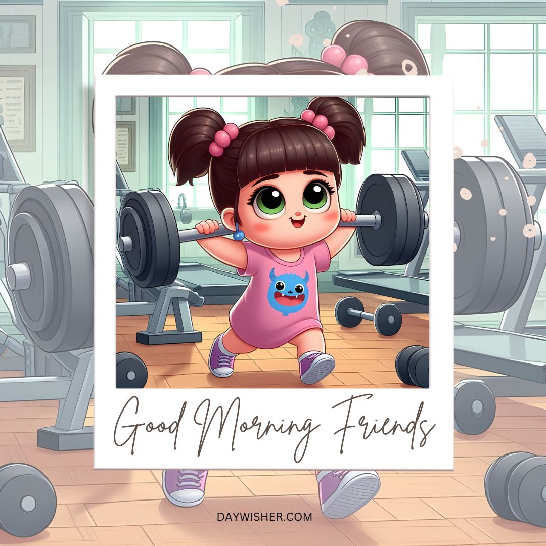 An animated cartoon image of a cheerful young girl with twin buns lifting weights in a gym, sporting a purple outfit and a bear face on her shirt. The text "good morning friends" is at