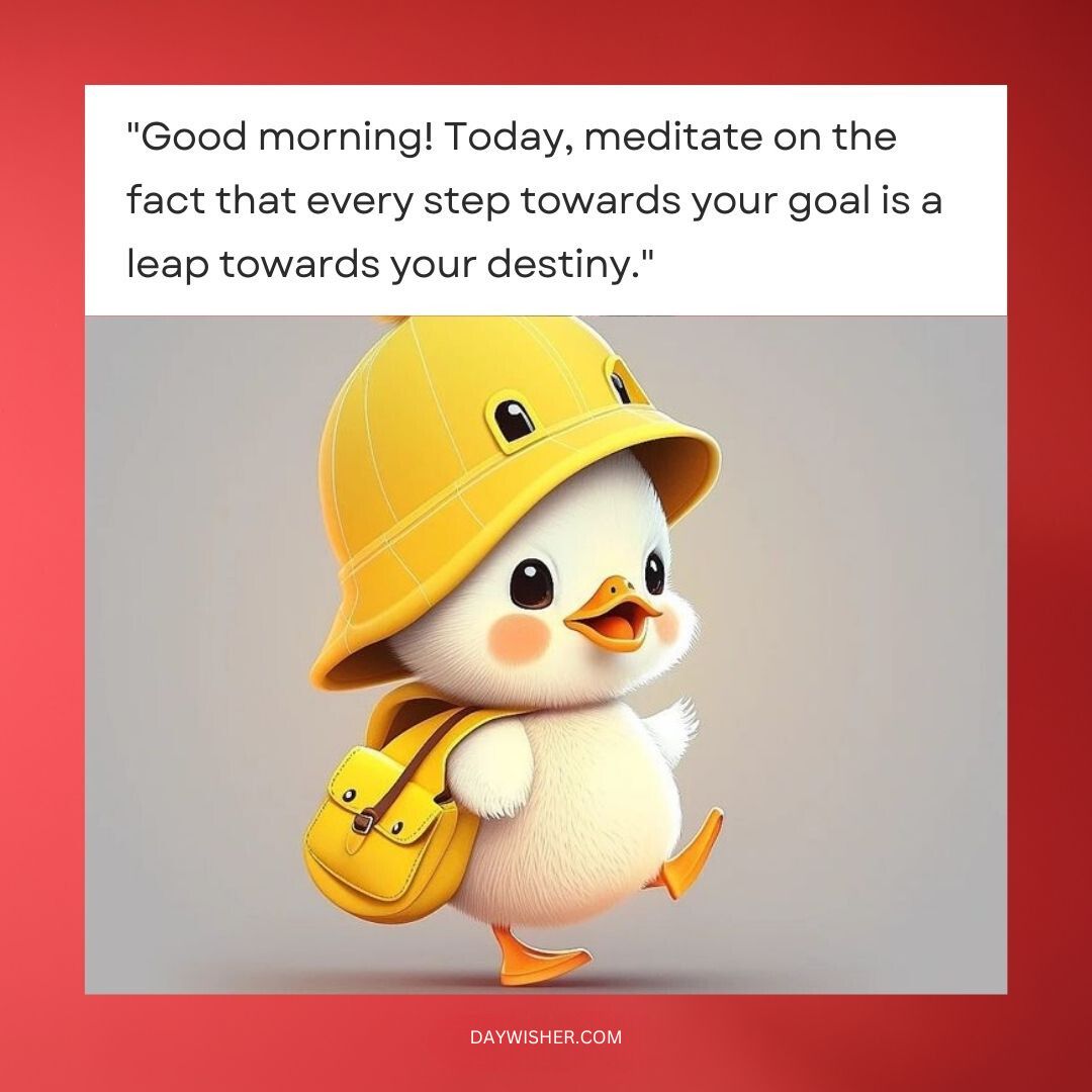 A cute, animated duckling wearing a yellow construction helmet and carrying a matching backpack, accompanied by an inspirational quote about goals and destiny in Good Morning Cartoon images.