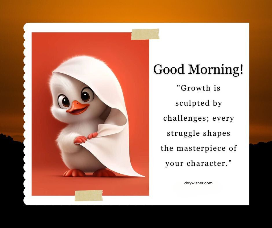 An image of a cute cartoon penguin with a red scarf on a vibrant orange and red background. The image includes text saying "Good morning! 'Growth is sculpted by challenges; every struggle