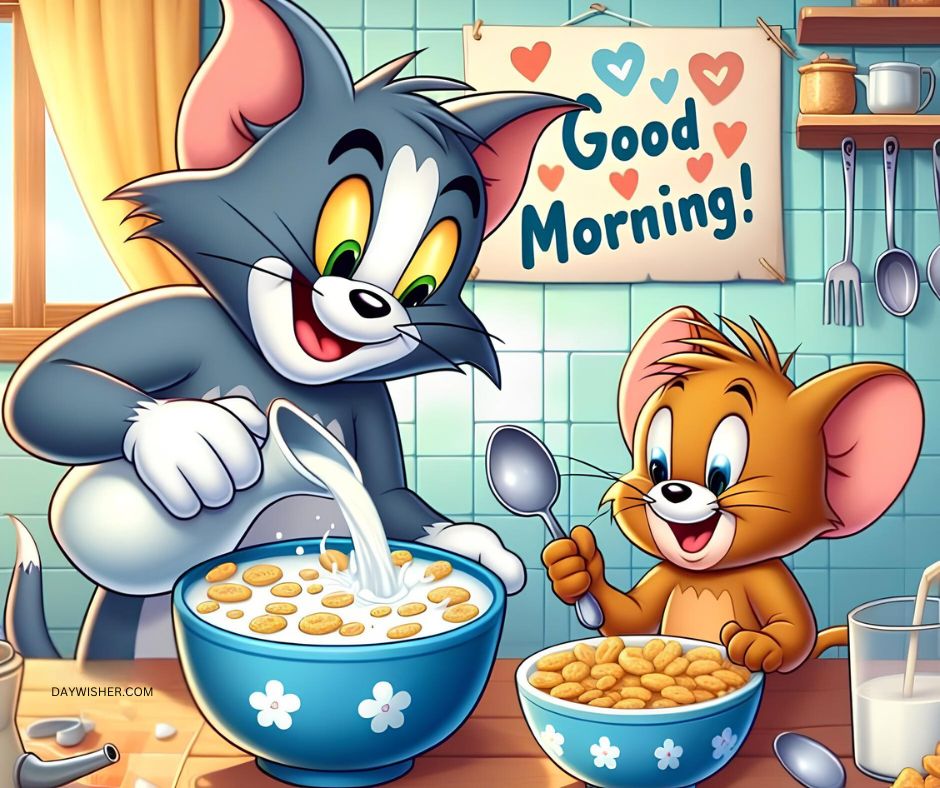 Animated characters Tom and Jerry happily sharing a morning breakfast of cereal in a bright, cozy kitchen with a "Good Morning Cartoon Images" sign in the background.