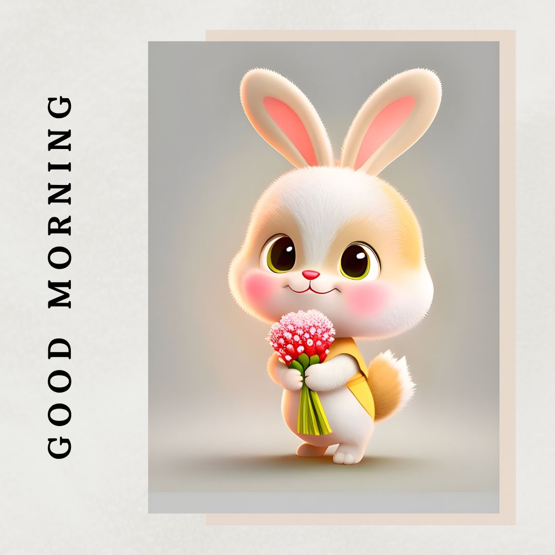 An adorable cartoon bunny holding a bouquet of flowers with the text "good morning" at the top, all framed on a soft beige background.