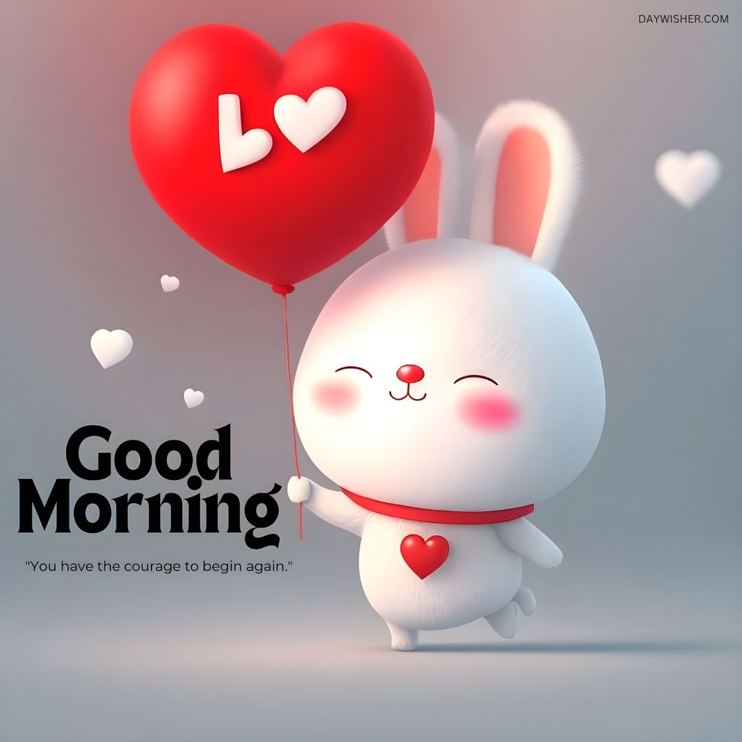 A cute cartoon rabbit with a happy expression, holding a red heart-shaped balloon with "lo" text. The background includes the phrase "good morning" and a motivational quote designed to energize you.