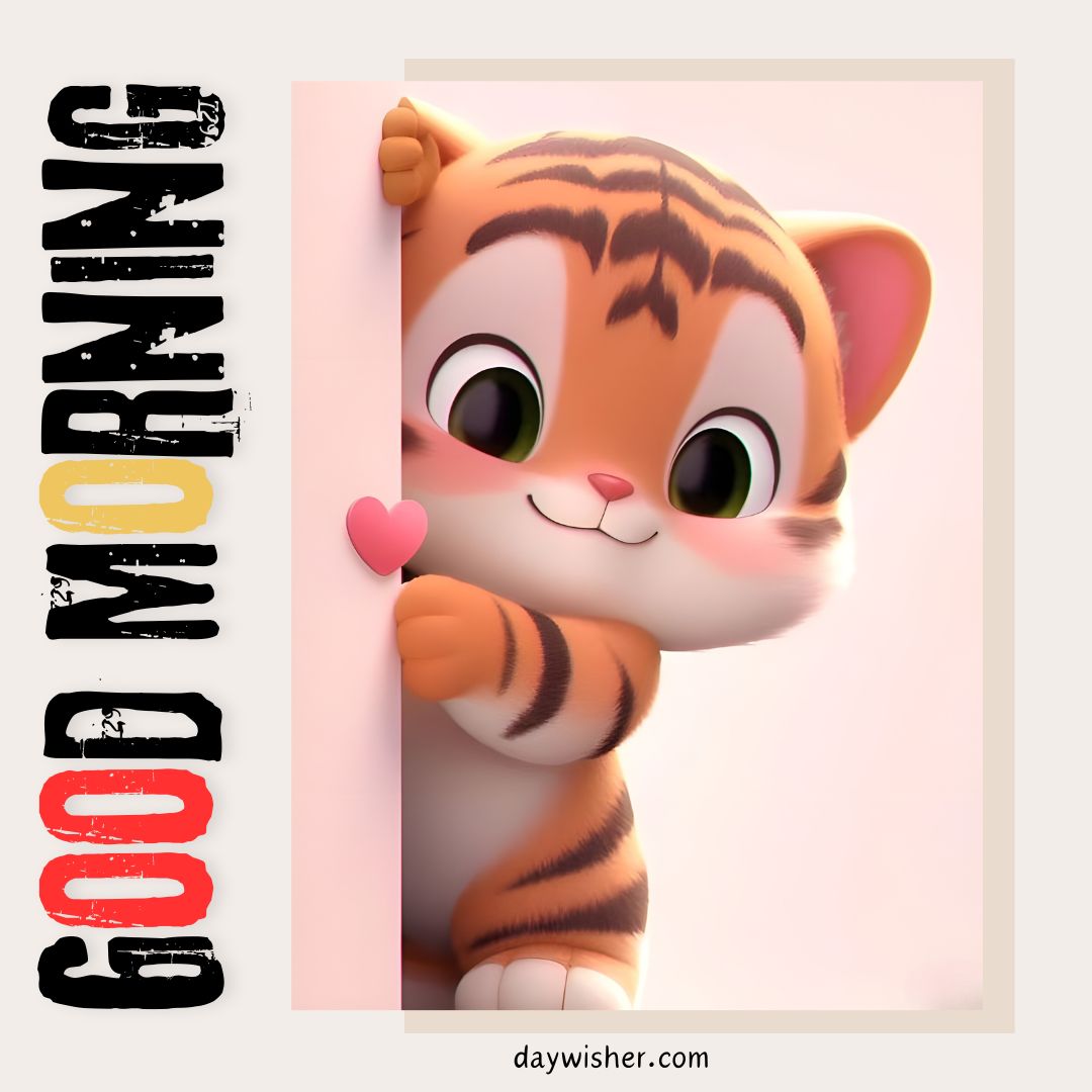 An adorable cartoon tiger cub smiling and waving, with the words "good morning" in large block letters next to it. The image has a soft pink background with a heart symbol.