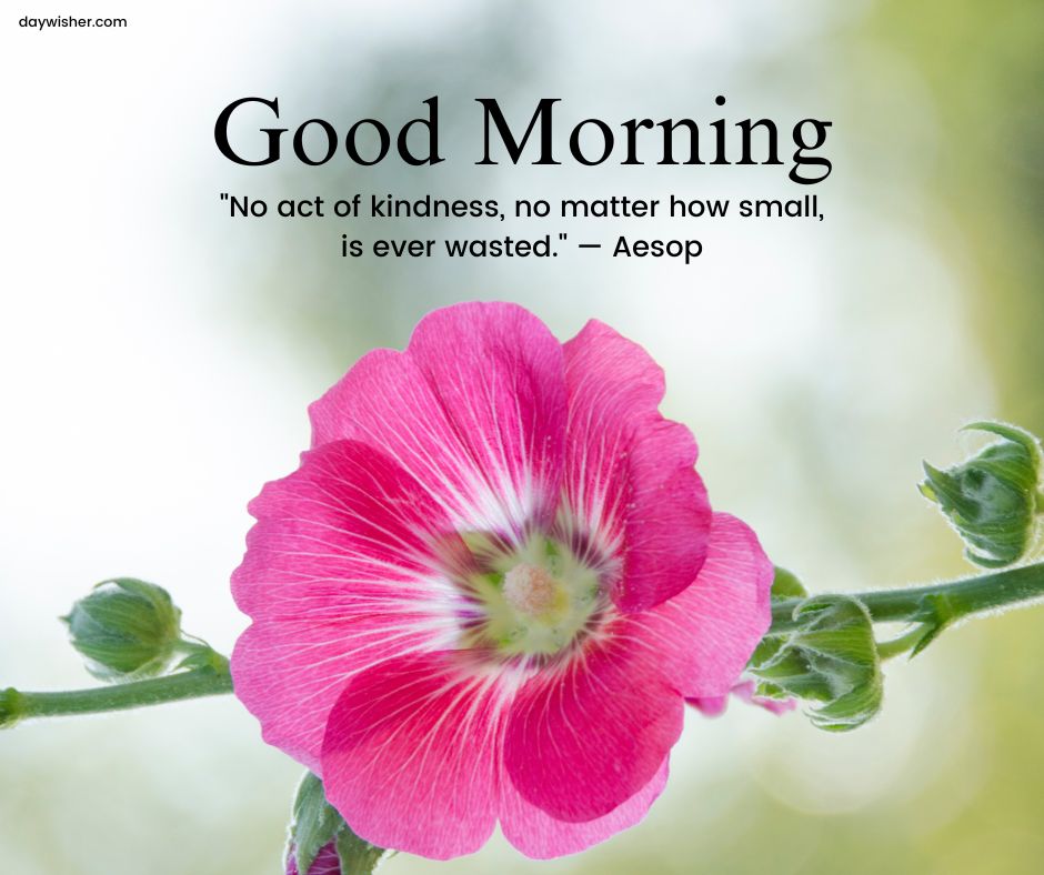 A vibrant pink flower with the text "Good Morning" and the quote "No act of kindness, no matter how small, is ever wasted." — Aesop, on a blurred natural background.