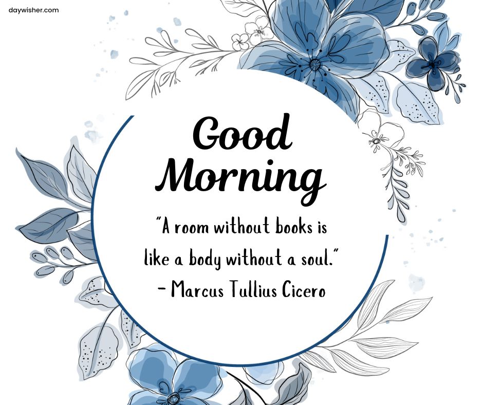 Graphic image with a "good morning" greeting and positive words by Marcus Tullius Cicero, "A room without books is like a body without a soul," surrounded by blue floral designs.
