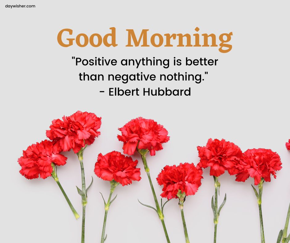 Image of red carnations arranged at the bottom with a quote in the center saying "good morning" and "positive anything is better than negative nothing." - Elbert Hubbard, on a blue background.