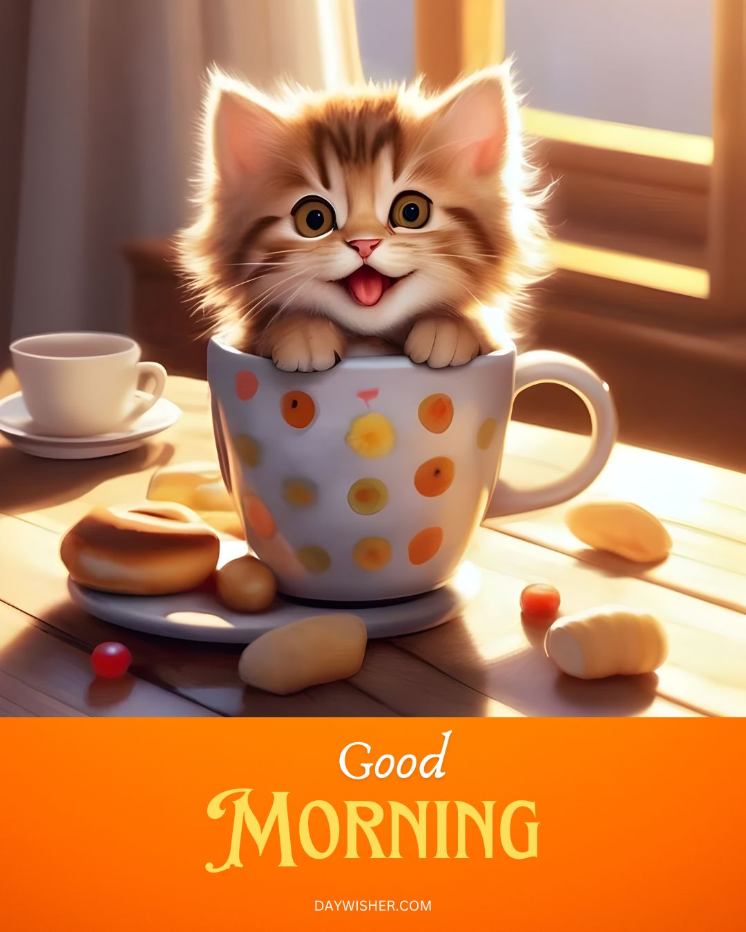 An illustration of a fluffy kitten sitting inside a large coffee mug with colorful polka dots on a sunlit wooden table. Beside the mug are scattered candies and cookies. "Good Morning" text at the bottom.