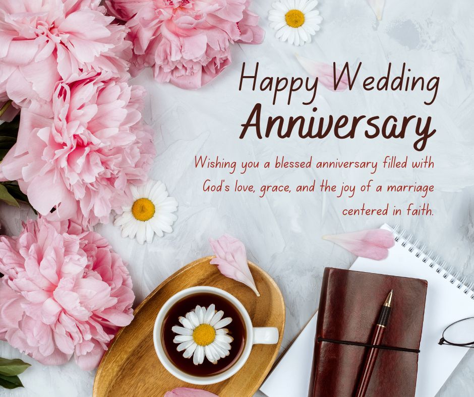 A festive anniversary card featuring pink peonies, a coffee cup with a flower design on a wooden tray, and a journal, with the text "happy wedding anniversary wishes" and a heartfelt message.