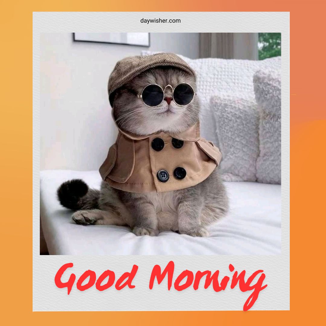 A fluffy gray cat dressed in a stylish trench coat and round sunglasses, posing on a white sofa. The cat exudes a cool demeanor under a tan hat, matching its coat. Above it, the caption "Good Morning" is emblazoned in a playful red font, adding a cheerful greeting to this fashionable scene.