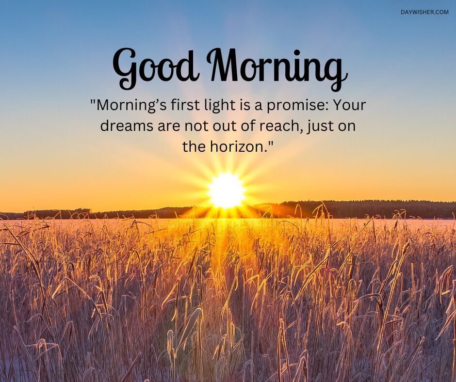 A sunrise over a field of tall golden grass with the sun shining brightly and the quote "Good Morning - morning’s first light is a promise: your dreams are not out of reach, just on the