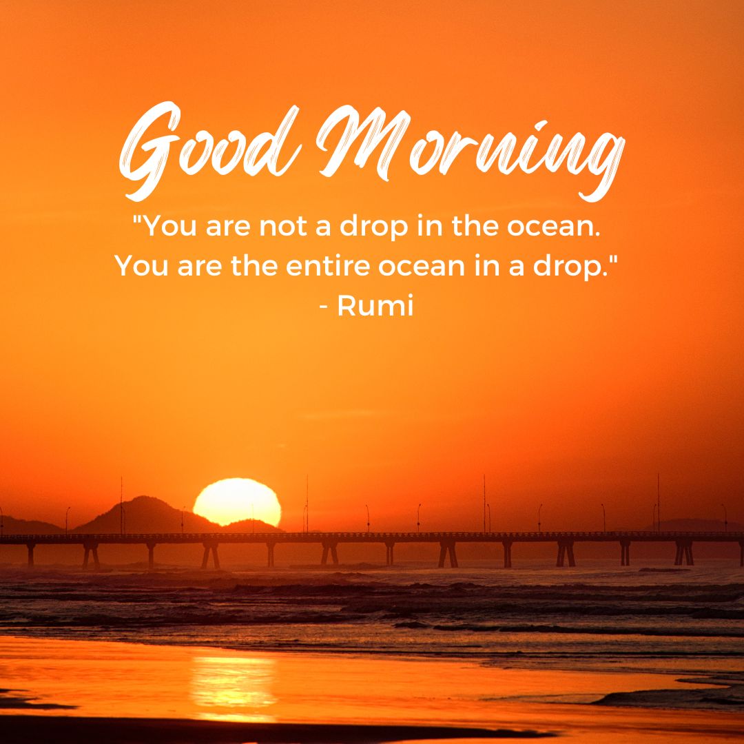 A vibrant sunrise with a large glowing sun aligning with a pier, casting an orange hue. The image features the quote "You are not a drop in the ocean. You are the entire ocean in