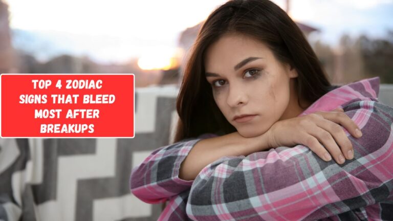 A somber young woman with dark hair sits with crossed arms, wearing a plaid shirt. She appears pensive against a blurred background with text overlay: "Top 4 zodiac signs that bleed