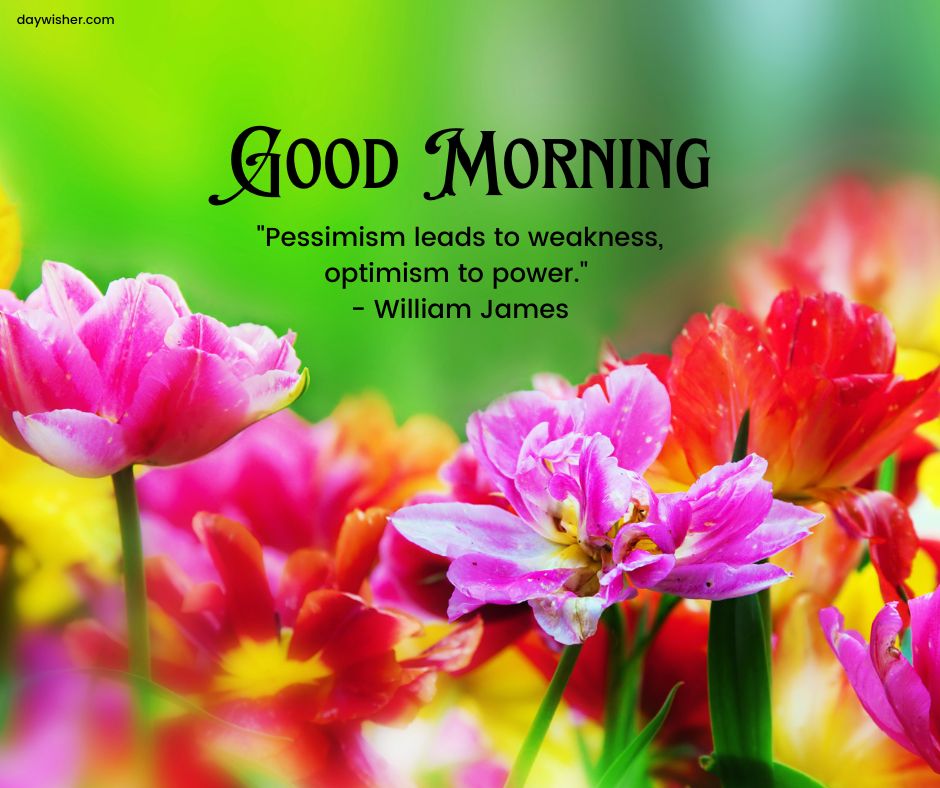 Image of vibrant pink and red flowers with dewdrops on a blurred green background. Text overlay says "Good Morning" and quotes William James: "Pessimism leads to weakness, optimism to power.