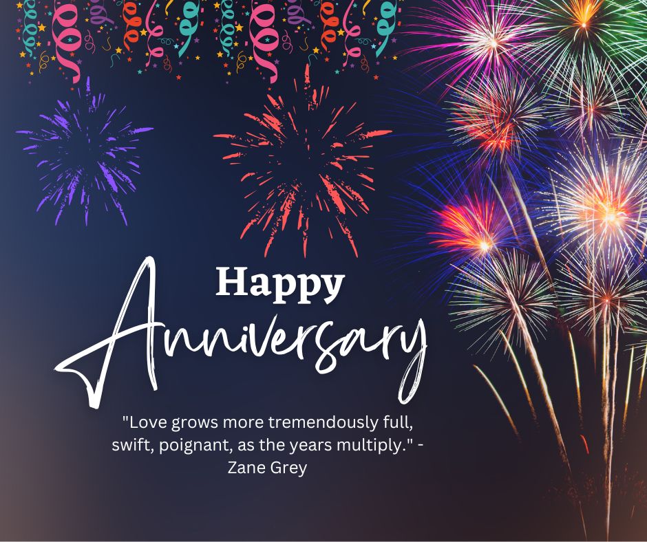 Colorful fireworks under a night sky with the message "happy wedding anniversary" and a quote by Zane Grey, displayed in elegant white text.