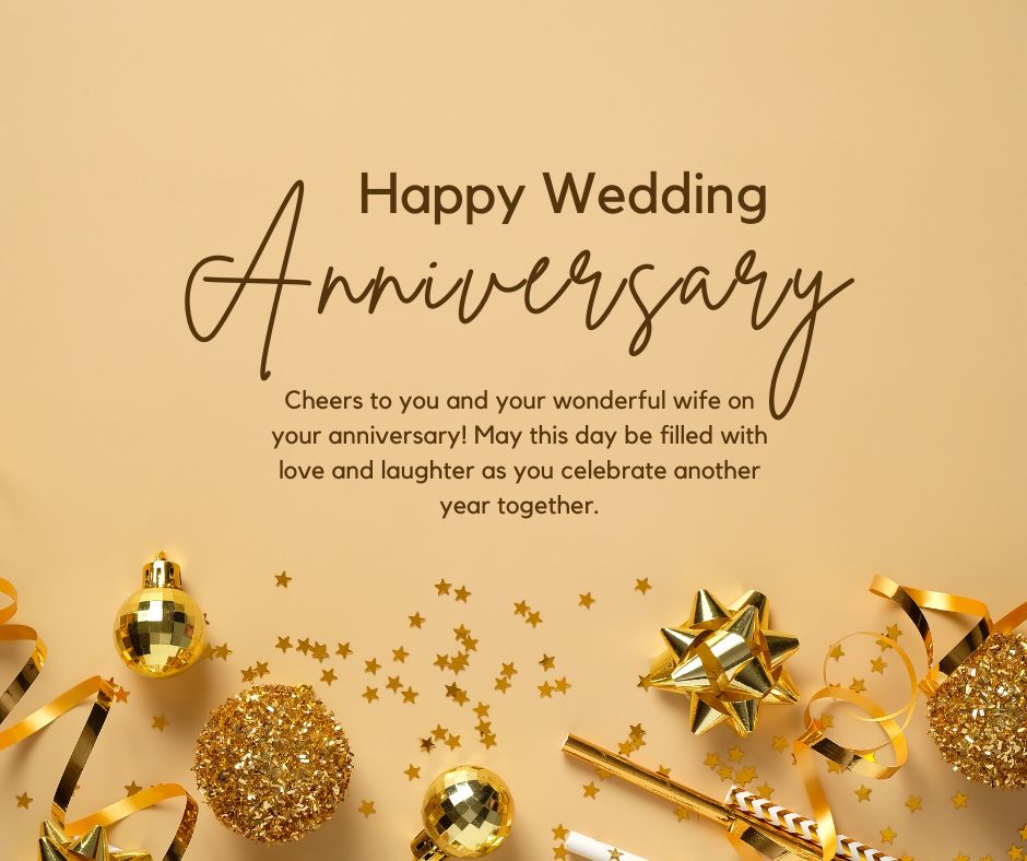 Elegant "wedding anniversary wishes" greeting on a beige background with decorative elements like golden confetti, ribbons, and stars around the text.