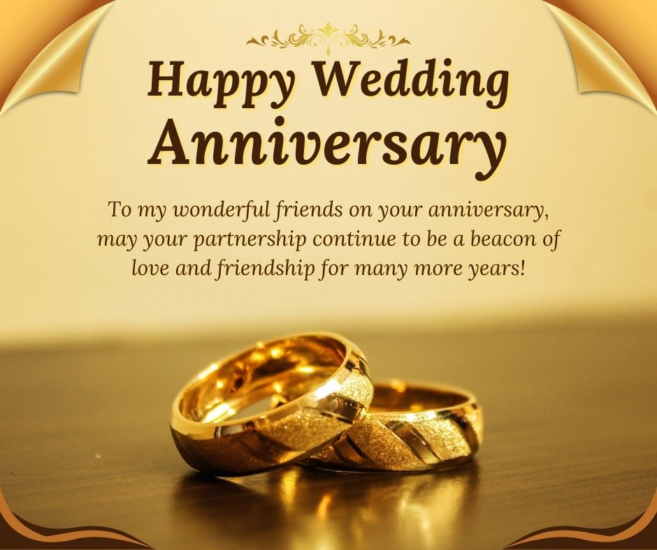 Anniversary card with text "happy wedding anniversary wishes" and a heartfelt message, featuring a close-up of two intertwined gold wedding bands on a wooden surface.