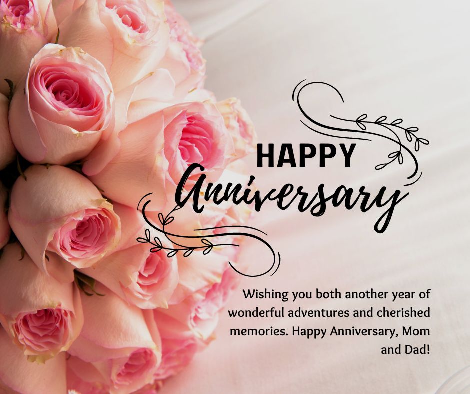 A bouquet of soft pink roses with "Wedding Anniversary Wishes for Parents" overlaid, wishing another year of adventures and cherished memories to mom and dad.