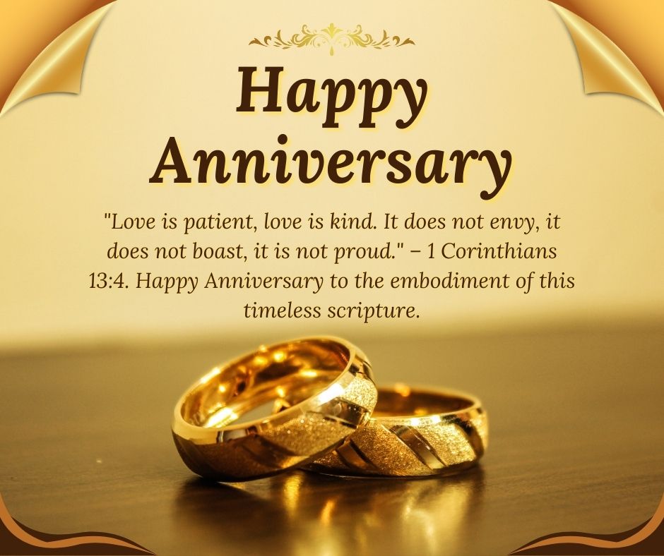 Anniversary card with the text "Happy Wedding Anniversary Wishes for Parents" and a quote from 1 Corinthians 13:4, featuring two gold wedding rings on a wooden surface.