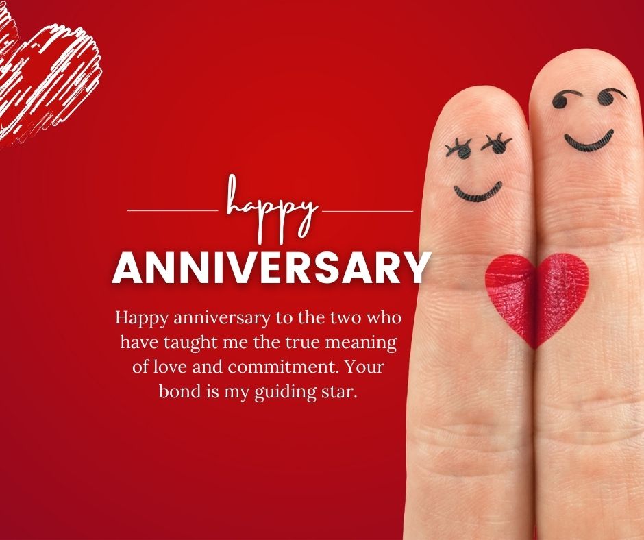 Two fingers decorated with faces and a red heart, against a red background with "Wedding Anniversary Wishes for Parents" text, conveying a message of love and commitment.