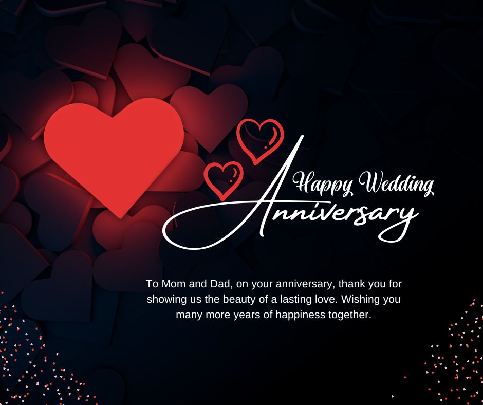 A graphic featuring a dark background with floating red hearts and the message "wedding anniversary wishes" in elegant script, dedicated to mom and dad, wishing them years of happiness together.