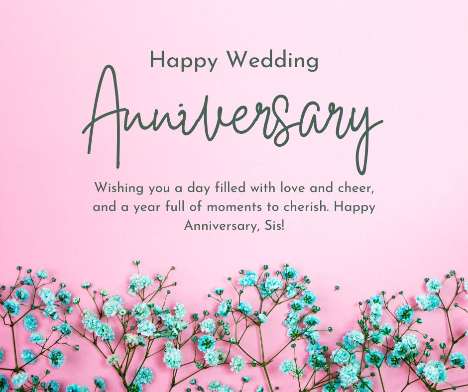 A pink background featuring "wedding anniversary wishes" with decorative blue flowers and a heartfelt note wishing love and cherished moments.