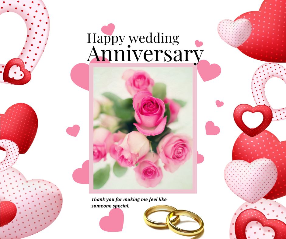A festive wedding anniversary card featuring a central image of pink roses, surrounded by red and pink hearts, with text reading "wedding anniversary wishes" and two golden rings at the bottom.