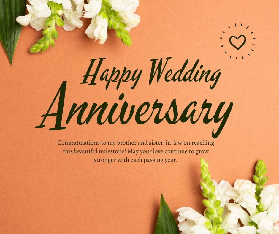 Wishing text "wedding anniversary wishes" with a warm congratulation message and floral decorations on a peach-colored background.