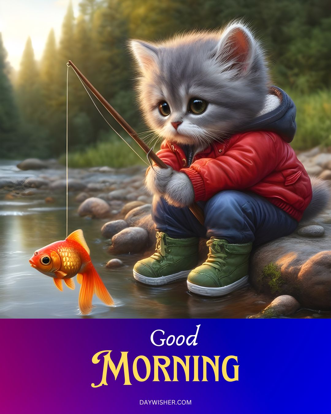 Illustration of an adorable anthropomorphic kitten wearing a red jacket and green boots, fishing by a serene river with a goldfish jumping towards it. Text reads "Good Morning Cat Images".