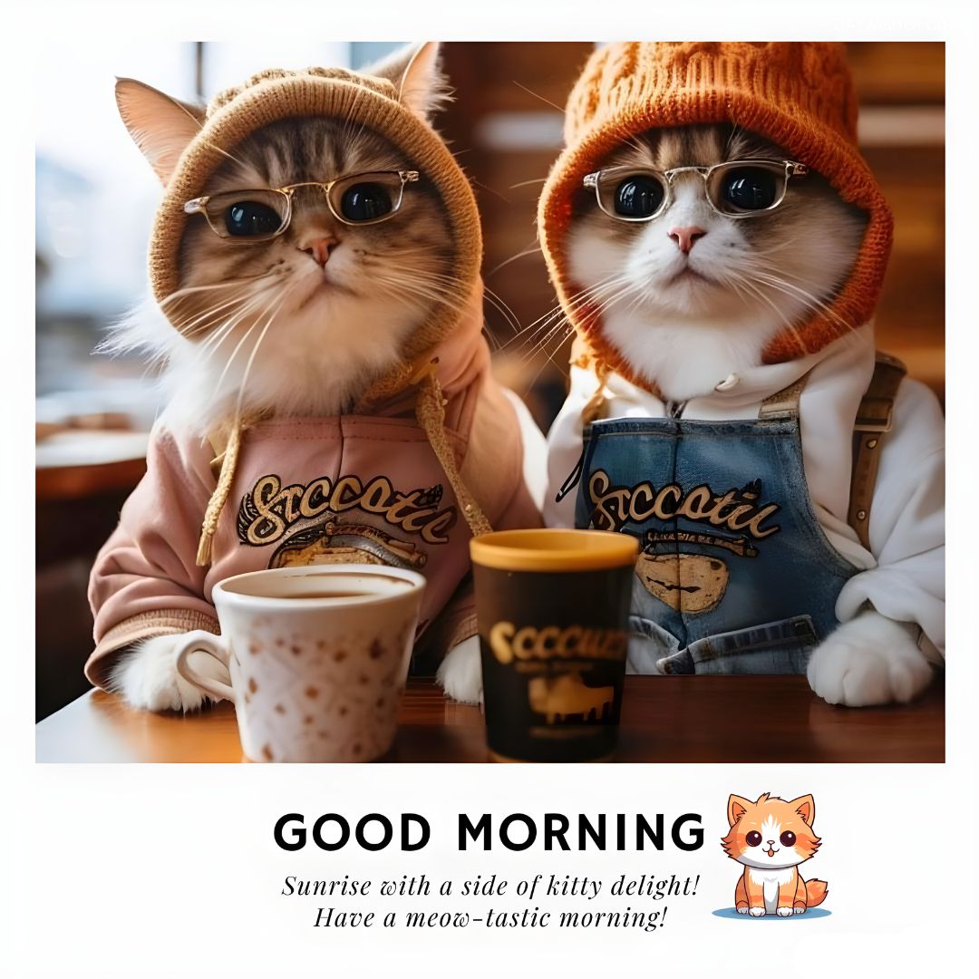 Two adorable cats dressed in stylish hats and overalls, sitting at a table with cups of coffee, with a "Good Morning Cat Images" greeting and a playful message.