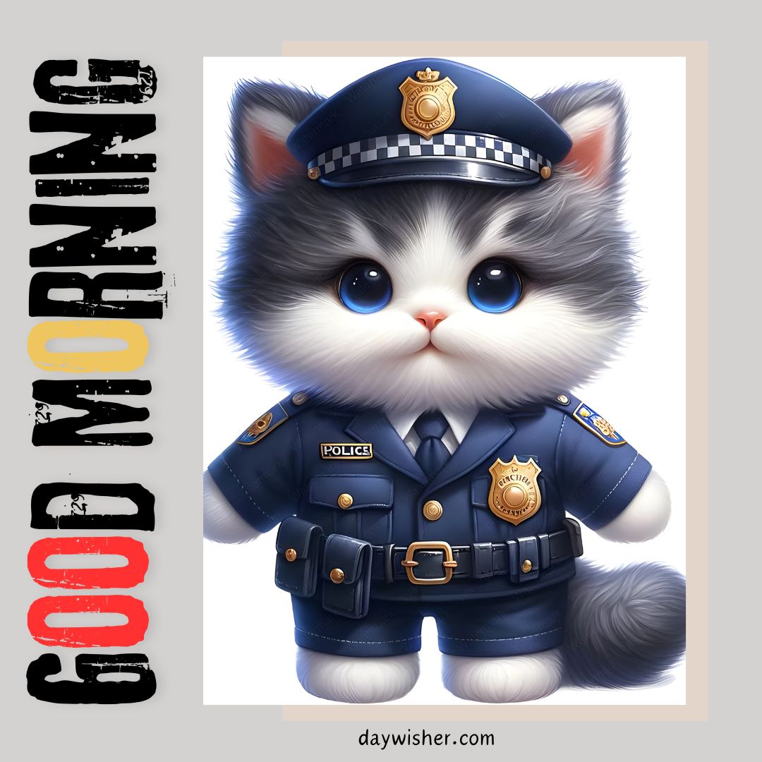 Illustration of an adorable cartoon cat dressed in a detailed police uniform, featuring a hat with badge and a belted jacket. The image includes the words "Good Morning" in bold, artistic font at the top.