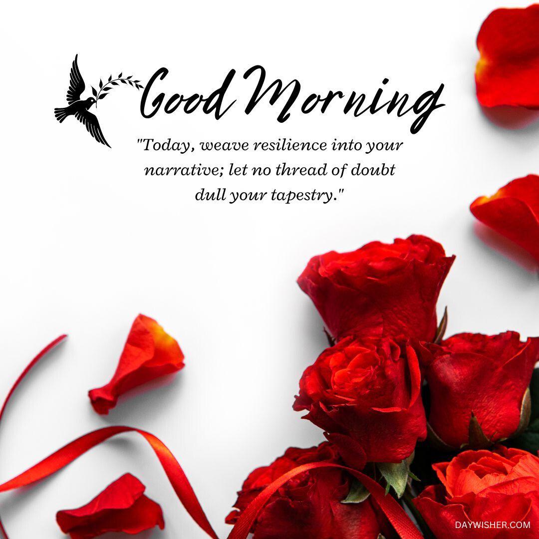 A motivational "good morning" image featuring red rose petals scattered around, with positive words about resilience and doubt, on a white background.