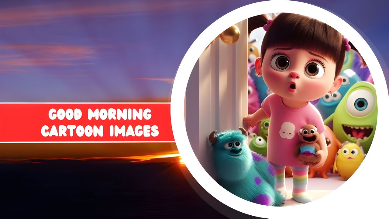 A vibrant cartoon image featuring a young girl and a collection of colorful, whimsical monsters in a room with "good morning cartoon images" written on the side.