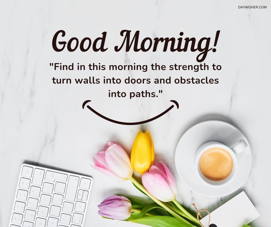 A motivational morning setup with the text "Good Morning! Find in this morning the strength to turn walls into doors and obstacles into paths." features tulips, a cup of coffee, and a keyboard on