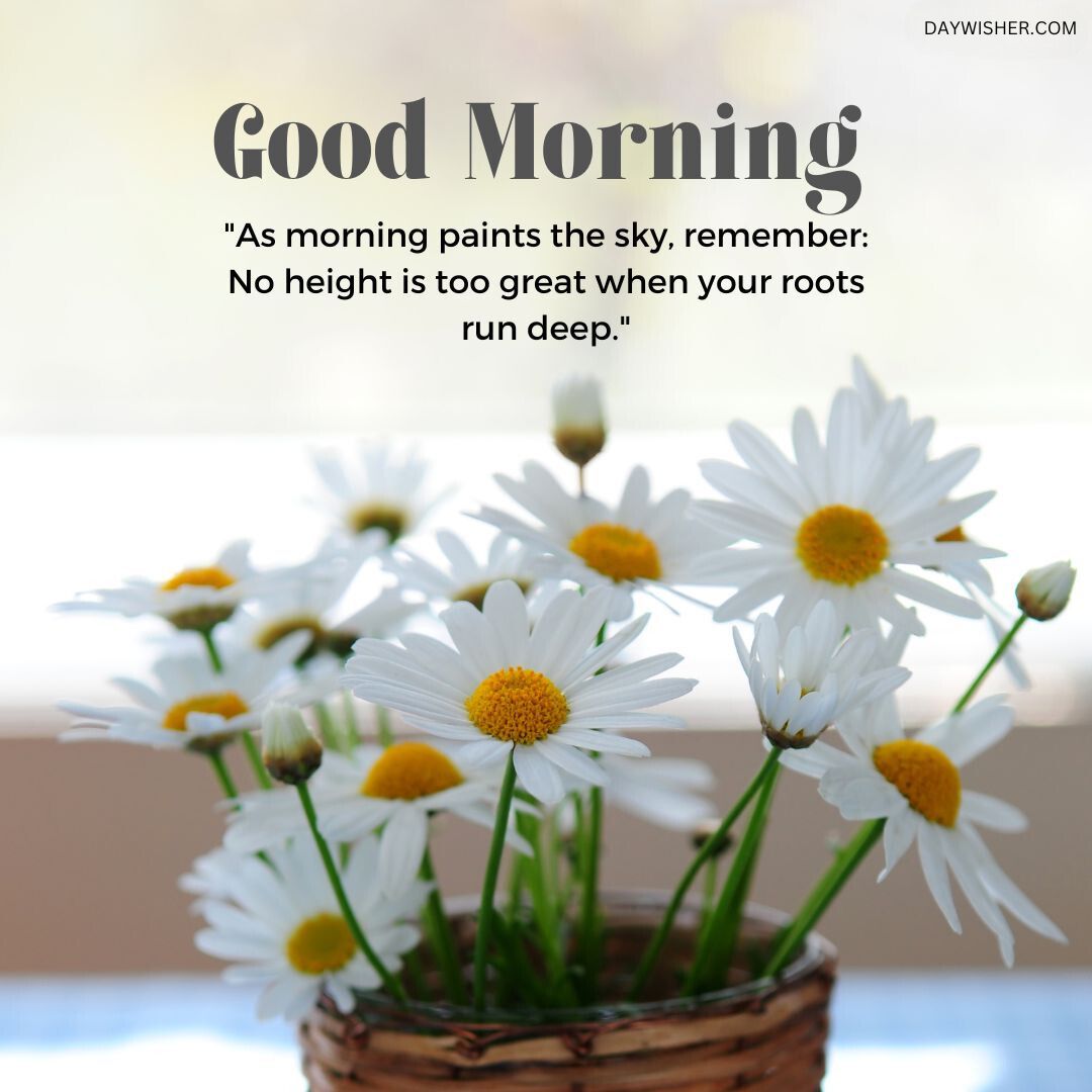 A tranquil image featuring a small pot of daisies in front of a blurred window, accompanied by the text "good morning" and positive words about depth and heights.