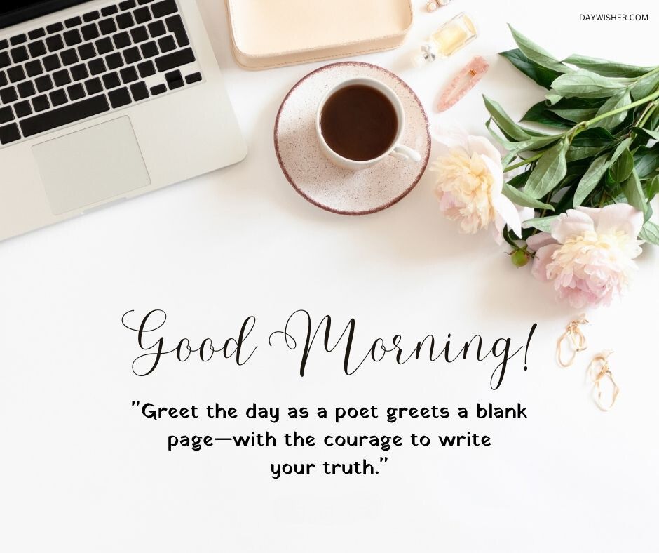 A desktop setup featuring a laptop, a cup of coffee, pink flowers, and stationery with a motivational quote "Good Morning! Greet the day as a poet greets a blank page—with the