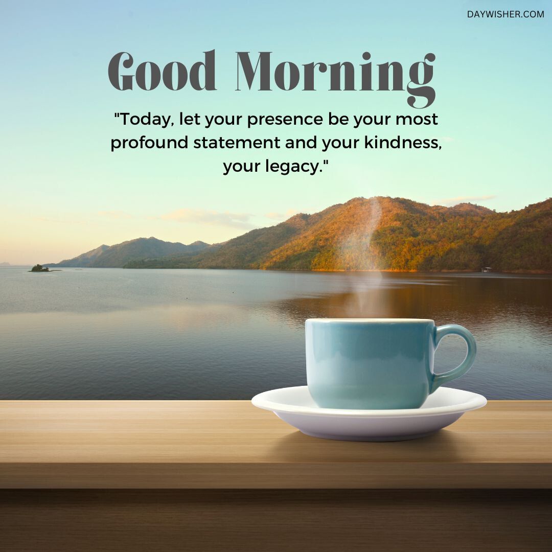A serene Good Morning scene with a blue coffee cup on a wooden ledge, overlooking a calm lake and mountains during sunrise. The image includes an inspirational quote: "Today, let your presence be your most
