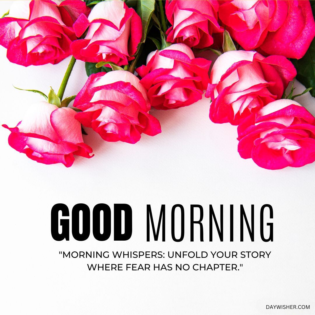 A vibrant 2024 image featuring a cluster of pink roses along the top with a white background. Below the flowers is the text "Good Morning" and a quote saying "Morning whispers: unfold your