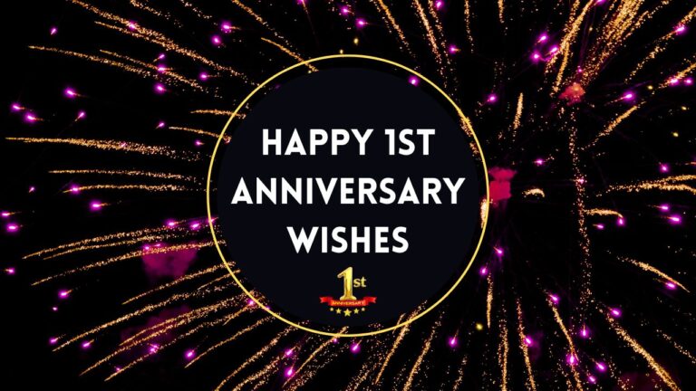An image of a celebratory fireworks display in the night sky with the words "1st Anniversary Wishes" in a circular gold frame, accented by a small "1st" ribbon at the